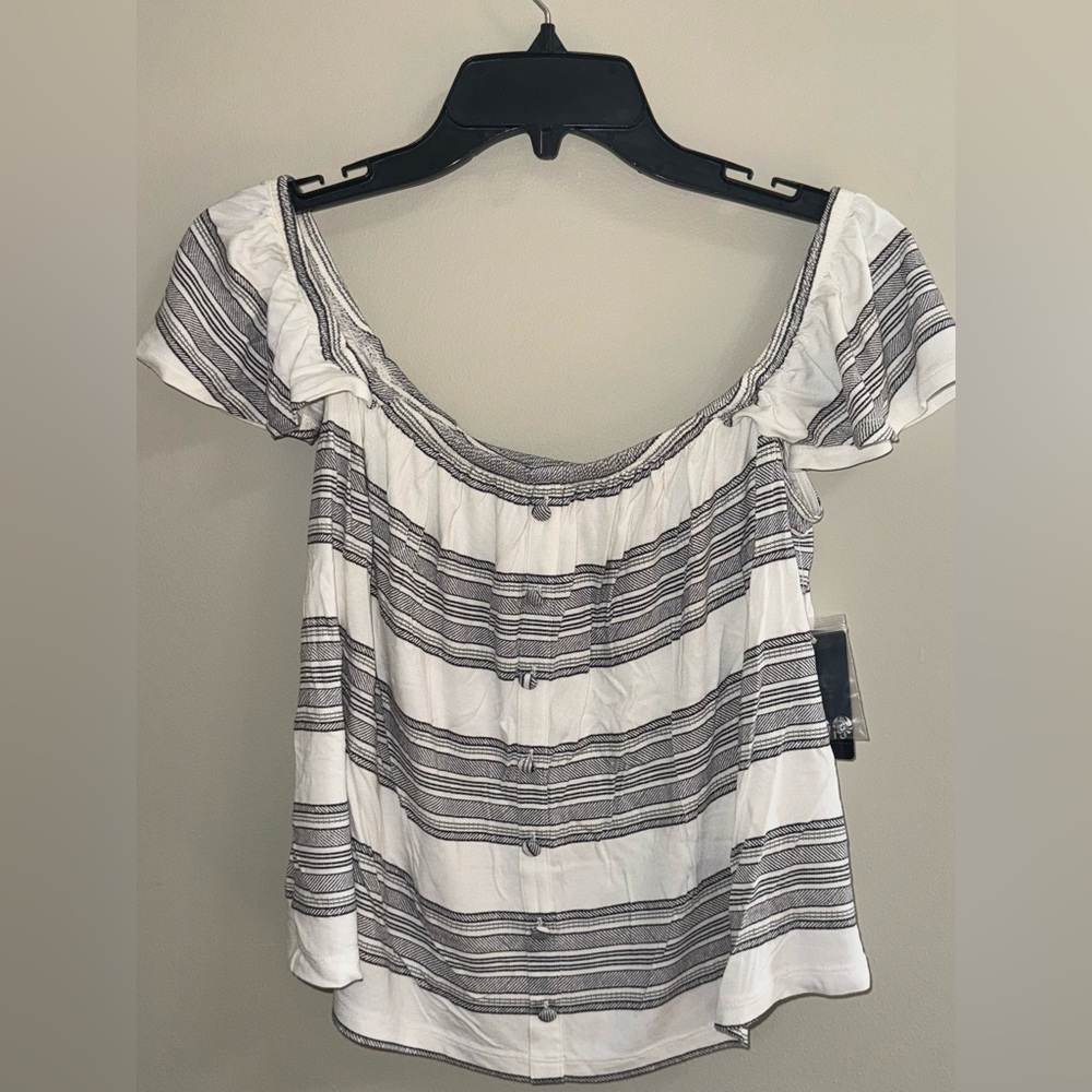 Off The Shoulder Striped Ruffle Sleeve Top